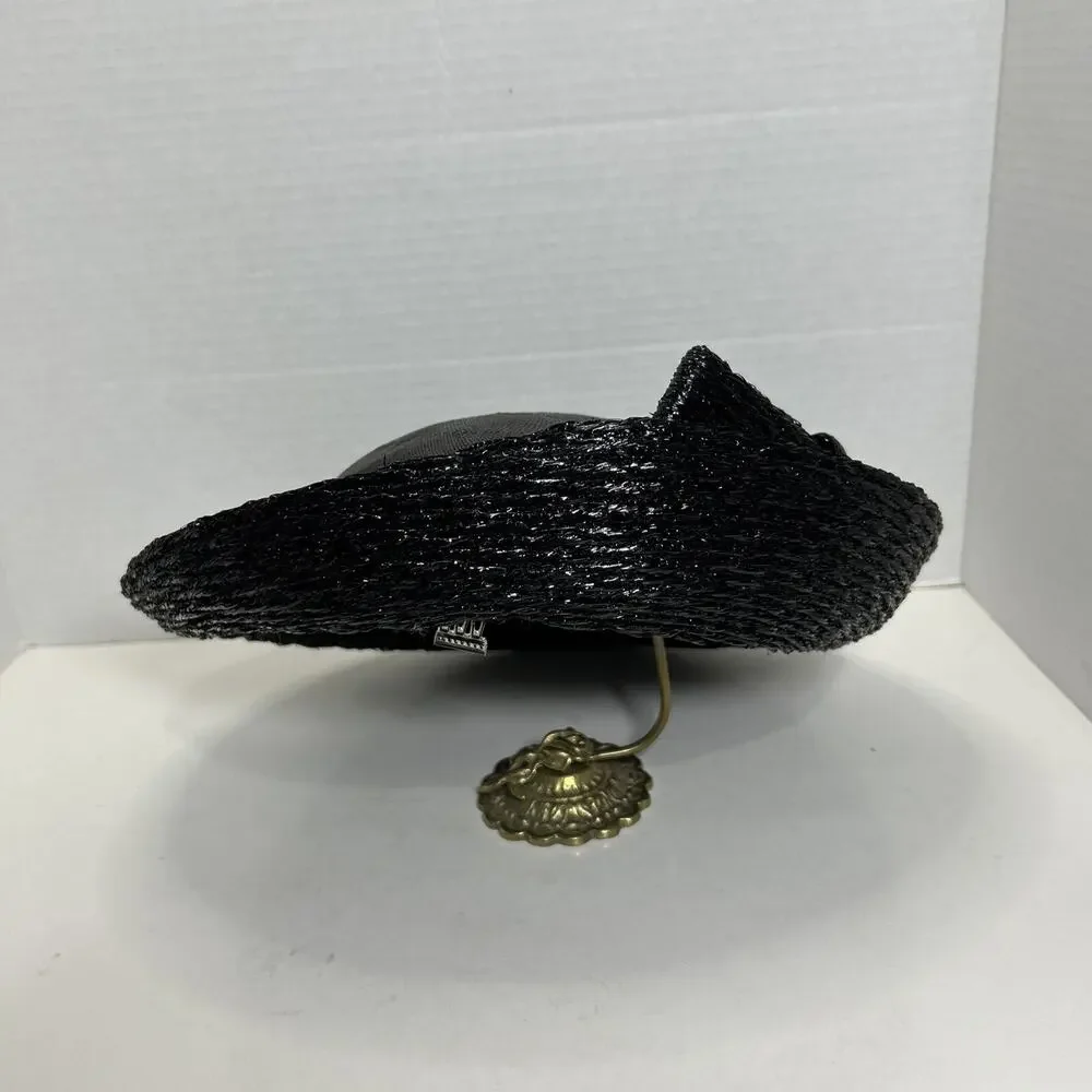 Vtg Hattie Carnegie I Magnin Co., Black Cloche Hat 1950s Woven Ratten Bow Hat
